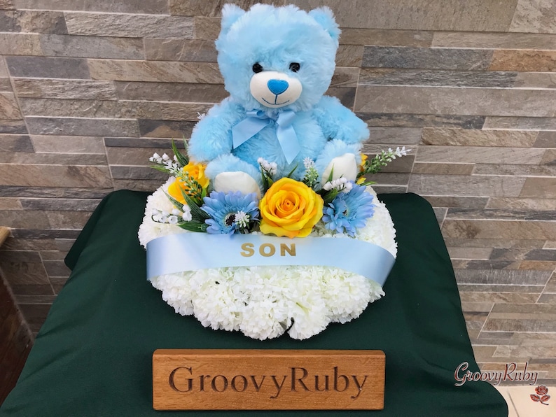 Blue Bear Posy Pad, Artificial Flowers Tribute Funeral Lasting Memorial Artificial Floral Tributes, Children, Baby, Family Name image 5