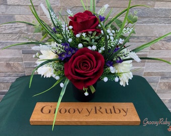 Remember, Grave Pot Artificial Flowers Tribute Funeral Lasting Memorial Artificial Floral Tributes Cream Gerbera Red Rose