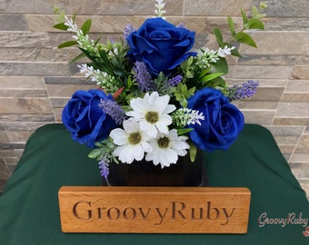 Finest, Grave Pot Artificial Flowers Tribute Funeral Lasting Memorial Artificial Floral Tributes Royal Blue Roses White Daisies Lavender