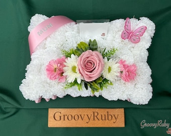 Pink Personalised Butterfly Pillow Tribute, 15" With Ribbon, Artificial Flowers Tribute Funeral Lasting Memorial Artificial Floral Tributes