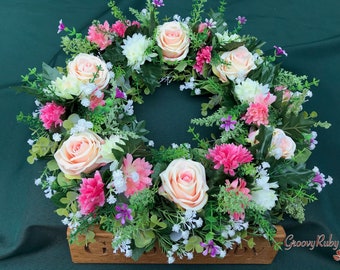 Blissful Pink Wreath, Handmade Artificial Flowers Floral Tributes Beautiful Door Rose Silk, Pink Decoration Tribute Keepsake Door