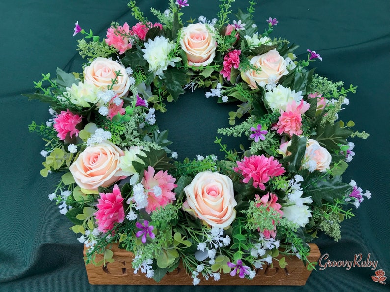 Blissful Pink Wreath, Handmade Artificial Flowers Floral Tributes Beautiful Door Rose Silk, Pink Decoration Tribute Keepsake Door image 1