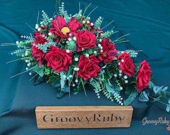 Crimson Dawn, Artificial Spray Funeral Flowers Coffin Topper Memorial Lasting Artificial Floral Tributes Casket Red Rose Gerbera