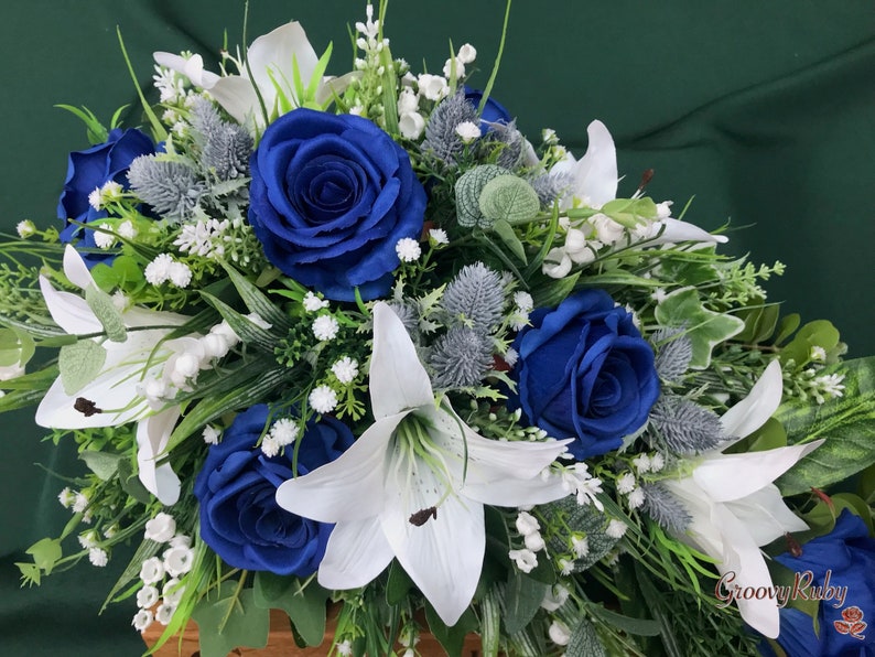 Blue Angel, Artificial Spray Funeral Flowers Coffin Topper Memorial Lasting Artificial Floral Tribute Casket Blue Rose Tiger Lily Thistle image 2