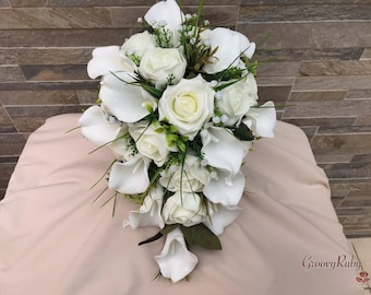 Ivory Calla Lily With Choice of Glitter/Plain Roses, Ivory Roses, Classic, Artificial Wedding Flowers, Elegance, Bridal Bouquet, Sparkle
