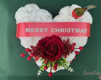 Christmas Robin Heart, 12" Personalised Christmas Heart Posy Pad, Xmas, Artificial Flowers, Lasting Memorial, Decoration, Funeral, Grave