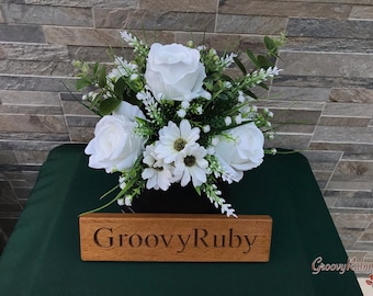 Moonlight, Grave Pot Artificial Flowers Tribute Funeral Lasting Memorial Artificial Floral Tributes White Roses White Daisies