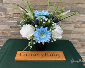 Moon River, Grave Pot Artificial Flowers Tribute Funeral Lasting Memorial Artificial Floral Tributes Ice Blue Gerbera