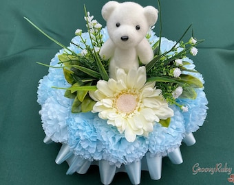 Little Bear Blue Tribute, Artificial Flowers, Floral Tributes, Lasting Memorial, Decoration, Funeral, Grave, Cute Bear Pick, Posy Pad