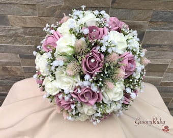 Pink Thistle With Foam Roses & Gypsophila, Artificial Wedding Flowers, Elegance, Bridal Bouquet, Bridesmaid, Flower Girl, Wedding