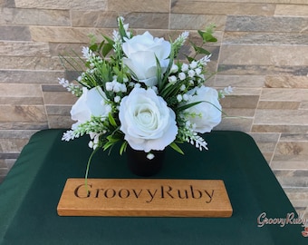 Starlight, Grave Pot Artificial Flowers Tribute Funeral Lasting Memorial Artificial Floral Tributes White Rose