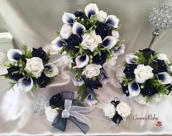 Navy Centred Calla Lily, White Roses, Heart Brooch, Artificial Wedding Flowers, Elegance, Bridal Bouquet, Bridesmaid, Flower Girl
