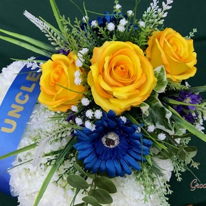 Yellow & Navy Family Named Heart Tribute, Artificial Flowers Tribute Funeral Lasting Memorial Artificial Floral Tributes image 2