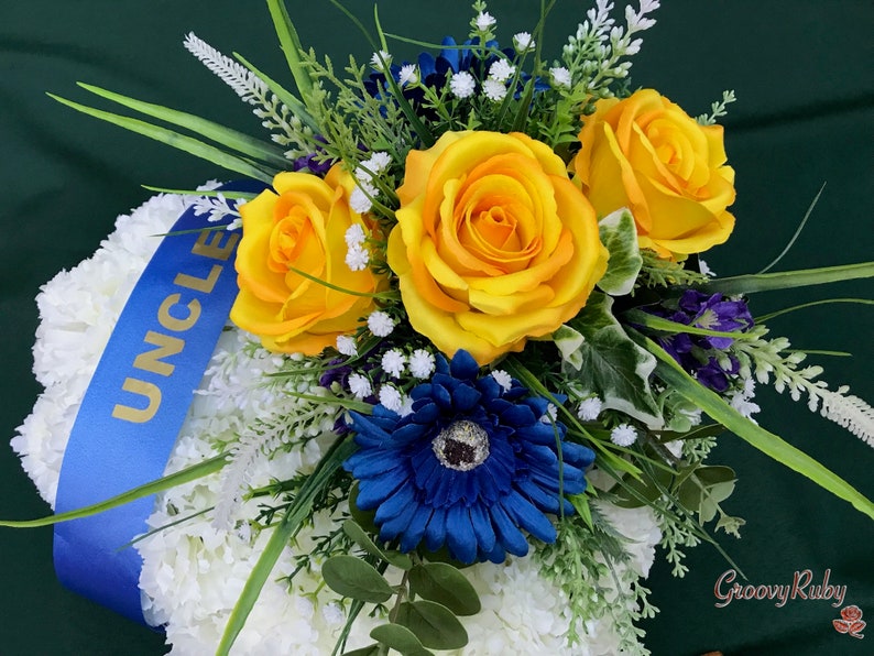 Yellow & Navy Family Named Heart Tribute, Artificial Flowers Tribute Funeral Lasting Memorial Artificial Floral Tributes image 2