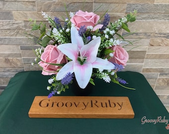 Kisses, Grave Pot Artificial Flowers Tribute Funeral Lasting Memorial Artificial Floral Tributes Dusky Pink Roses Pink Centre Tiger Lilies