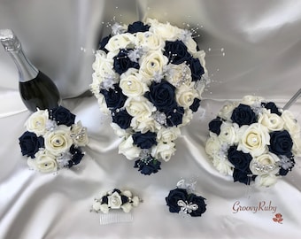 Navy & Ivory Rose With Silver, Crystal Butterfly, Artificial Wedding Flowers, Elegance, Bridal Bouquet, Bridesmaid, Flower Girl, Wedding