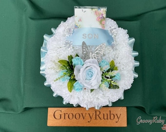 Dearest Rose Posy Pad Tribute, Artificial Flowers, Floral Tributes, Lasting Memorial, Decoration, Funeral, Grave, Named Personalised Colour