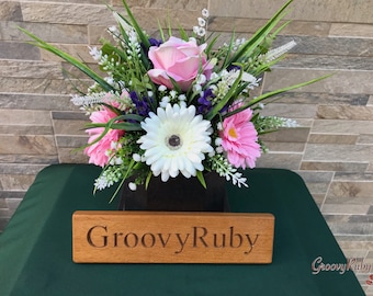 Never Forget, Grave Pot Artificial Flowers Tribute Funeral Lasting Memorial Artificial Floral Tributes Pink Rose Cream Gerbera
