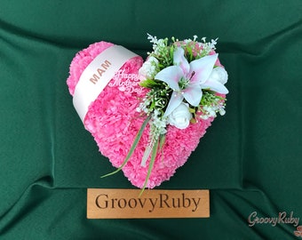 Dearest Mam, Heart Tribute, Mother's Day, Mum, Mother, Artificial Floral Tributes, Funeral, Memorial, Grave, Pink, Rose Buds, Tiger Lily