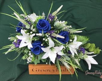 Sea Breeze, Artificial Spray Funeral Flowers Coffin Topper Memorial Lasting Artificial Floral Tributes Silk Casket Royal Blue Rose