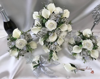 Glittered Calla Lily With Silver, Rose, Foliage, Classic, Artificial Wedding Flowers, Elegance, Bridal Bouquet