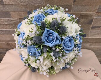 Dusty Blue Thistle With Foam Roses & Gypsophila, Artificial Wedding Flowers, Elegance, Bridal Bouquet, Bridesmaid, Flower Girl, Wedding