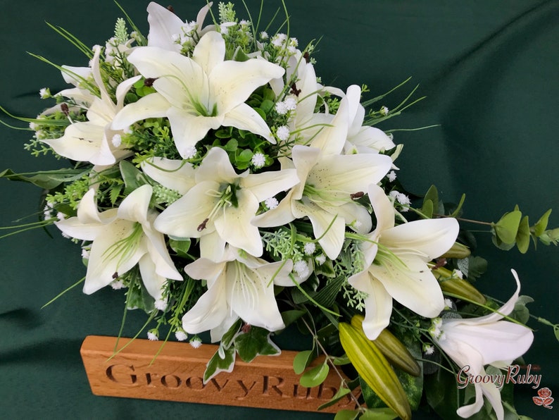 Serenity, Artificial Spray Funeral Flowers Coffin Topper Memorial Lasting Artificial Floral Tributes Silk Casket Memorial Tiger Lily image 6