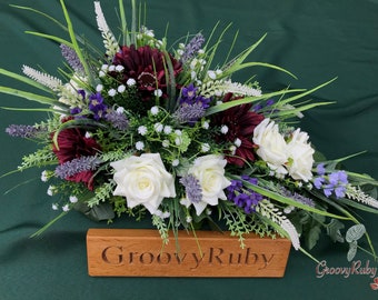 Heartfelt, Artificial Spray Funeral Flowers Coffin Topper Memorial Lasting Artificial Floral Tributes Silk Casket Burgundy Gerbera Lavender