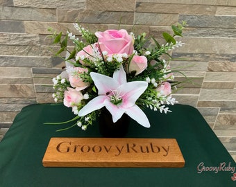 By My Side, Grave Pot Artificial Flowers Tribute Funeral Lasting Memorial Artificial Floral Tributes Pink Rose Silk Tribute Keepsake