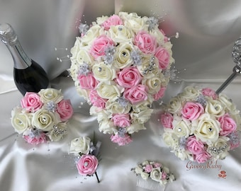 Baby Pink & Ivory Rose With Silver, Crystal Butterfly, Artificial Wedding Flowers, Elegance, Bridal Bouquet, Bridesmaid, Flower, Wedding