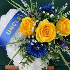 Yellow & Navy Family Named Heart Tribute, Artificial Flowers Tribute Funeral Lasting Memorial Artificial Floral Tributes image 3