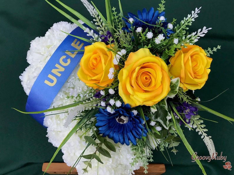 Yellow & Navy Family Named Heart Tribute, Artificial Flowers Tribute Funeral Lasting Memorial Artificial Floral Tributes image 3