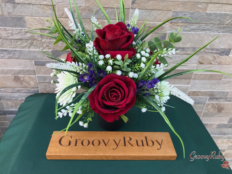 Miss You, Grave Pot Artificial Flowers Tribute Funeral Lasting Memorial Artificial Floral Tributes Red Rose Sage Green Gerbera image 1