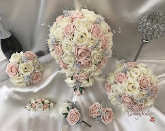 Mocha Pink & Ivory Rose With Silver, Crystal Butterfly, Artificial Wedding Flowers, Elegance, Bridal Bouquet, Bridesmaid, Flower, Wedding