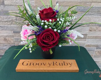 Forever, Grave Pot Artificial Flowers Tribute Funeral Lasting Memorial Artificial Floral Tributes Red Rose Pink Rose