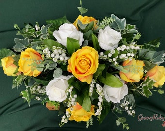 Golden Yesterday, Artificial Casket Spray Funeral Flowers Coffin Topper Memorial Lasting Artificial Floral Tributes Silk