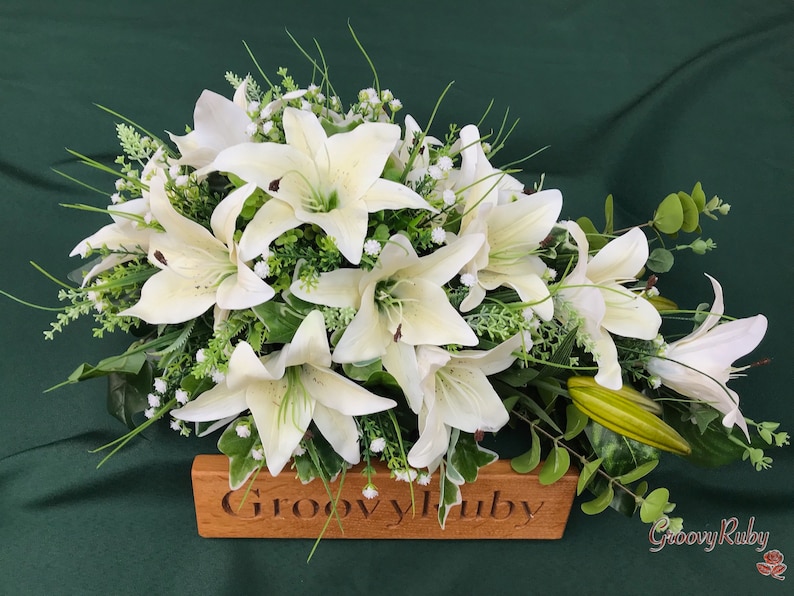 Serenity, Artificial Spray Funeral Flowers Coffin Topper Memorial Lasting Artificial Floral Tributes Silk Casket Memorial Tiger Lily image 1