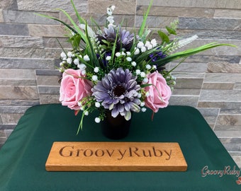 Vintage Rose, Grave Pot Artificial Flowers Tribute Funeral Lasting Memorial Artificial Floral Tributes Lilac Gerbera Pink Rose