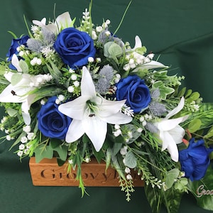 Blue Angel, Artificial Spray Funeral Flowers Coffin Topper Memorial Lasting Artificial Floral Tribute Casket Blue Rose Tiger Lily Thistle image 5