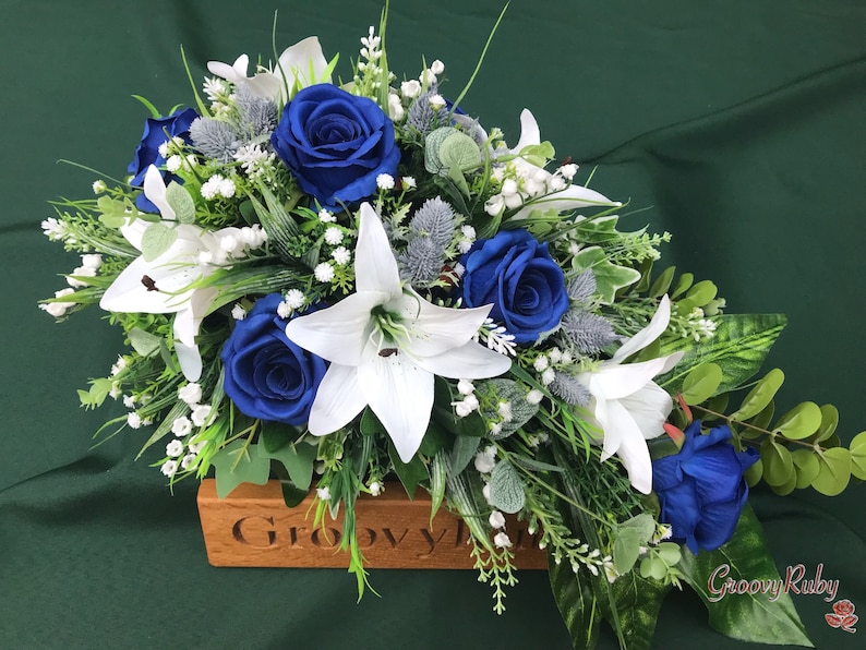 Blue Angel, Artificial Spray Funeral Flowers Coffin Topper Memorial Lasting Artificial Floral Tribute Casket Blue Rose Tiger Lily Thistle image 5