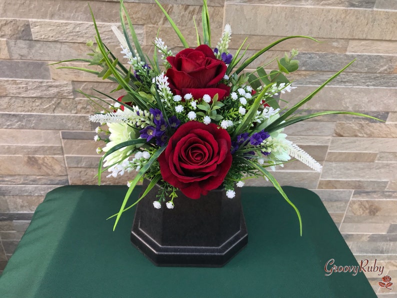 Miss You, Grave Pot Artificial Flowers Tribute Funeral Lasting Memorial Artificial Floral Tributes Red Rose Sage Green Gerbera image 3