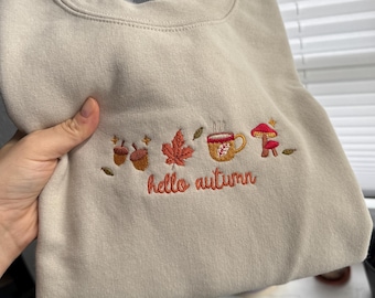 Embroidered Fall Sweatshirt,Hello Autumn Embroidery, Fall Crewneck, Cozy Sweater