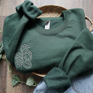 Embroidered Monstera Plant Sweatshirt, Embroidery Houseplant Crewneck,Monstera Sweater