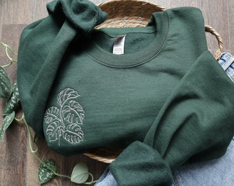 Embroidered Monstera Plant Sweatshirt, Embroidery Houseplant Crewneck,Monstera Sweater