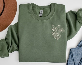 Embroidered Wildflower Sweatshirt, Embroidery Flower Crewneck,Wildflower Sweater,Floral Embroidery