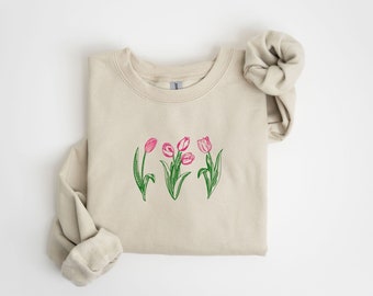 Embroidered Flower Sweatshirt, Embroidery Flower Crewneck,Tulip Sweater,Floral Embroidery,Spring Sweatshirt