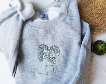 Embroidered Monstera Plant Sweatshirt, Embroidery Houseplant Crewneck,Monstera Sweater