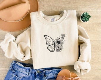 Embroidered Butterfly Sweatshirt, Embroidery Flower Crewneck,Wildflower Sweater,Floral Embroidery, Spring Crewneck