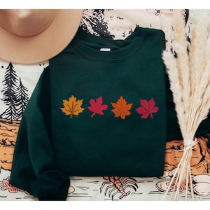 Embroidered Leaves Sweatshirt, Fall Season Crewneck, Autumn Sweater, Fall Season Shirt