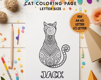 gato mandala para colorear, hoja de gato para colorear, gato personalizado para colorear, dibujo con nombre de tu gato, regalo amante gatos